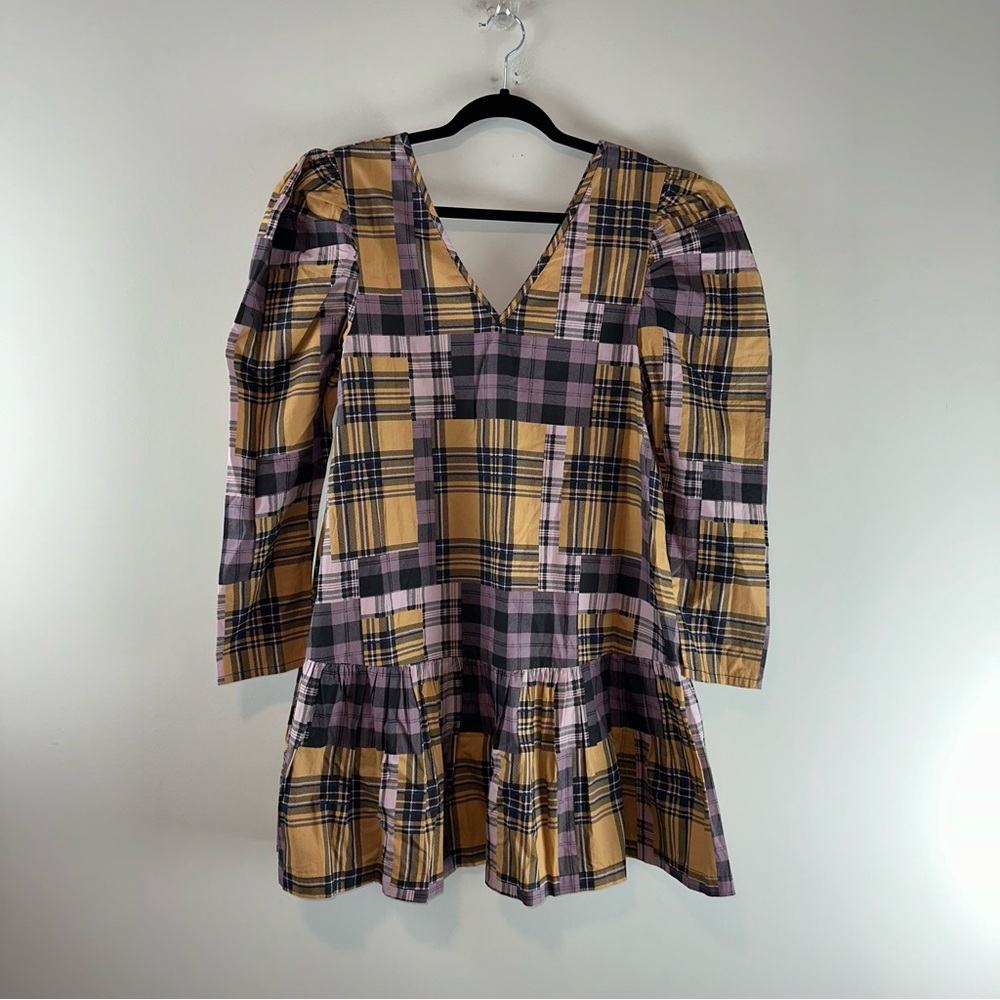 Collusion by ASOS Puff Sleeve Purple and Gold Plaid Flare Dress Size 6